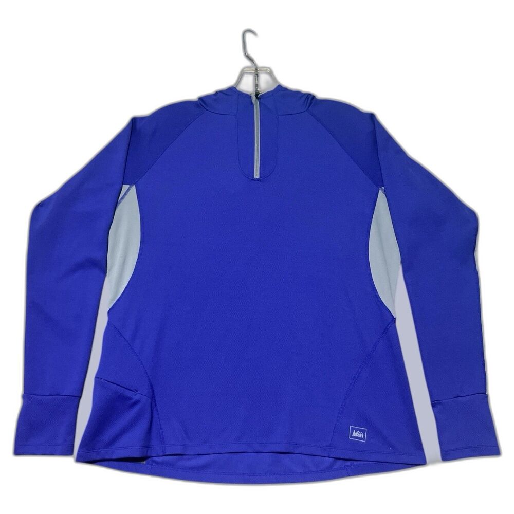 REI Shirt Women’s Large Hooded Pullover Blue 1/4 Zip Thumb Holes Lightweight